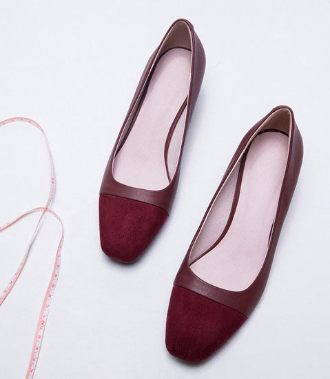 方头粗跟拼接单鞋