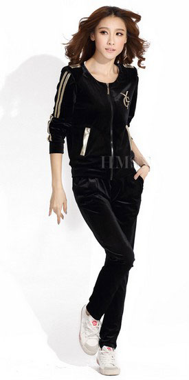 耸肩镶条纹金丝绒套装 耸肩镶条纹金丝绒套装