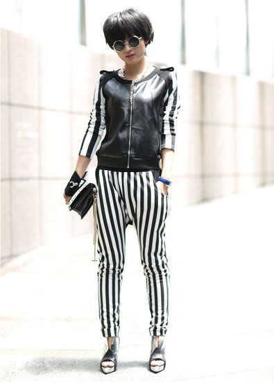 条纹拼皮休闲套装 条纹拼皮休闲套装
